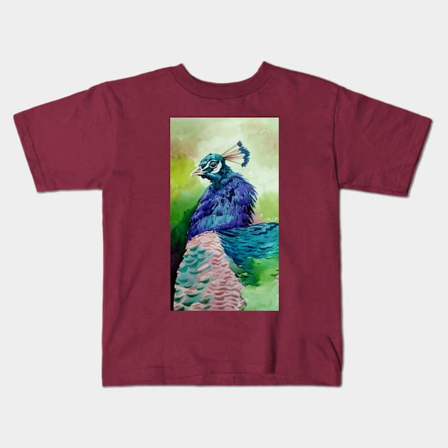 Peacock art painted hand drawn Kids T-Shirt by Mako Design 